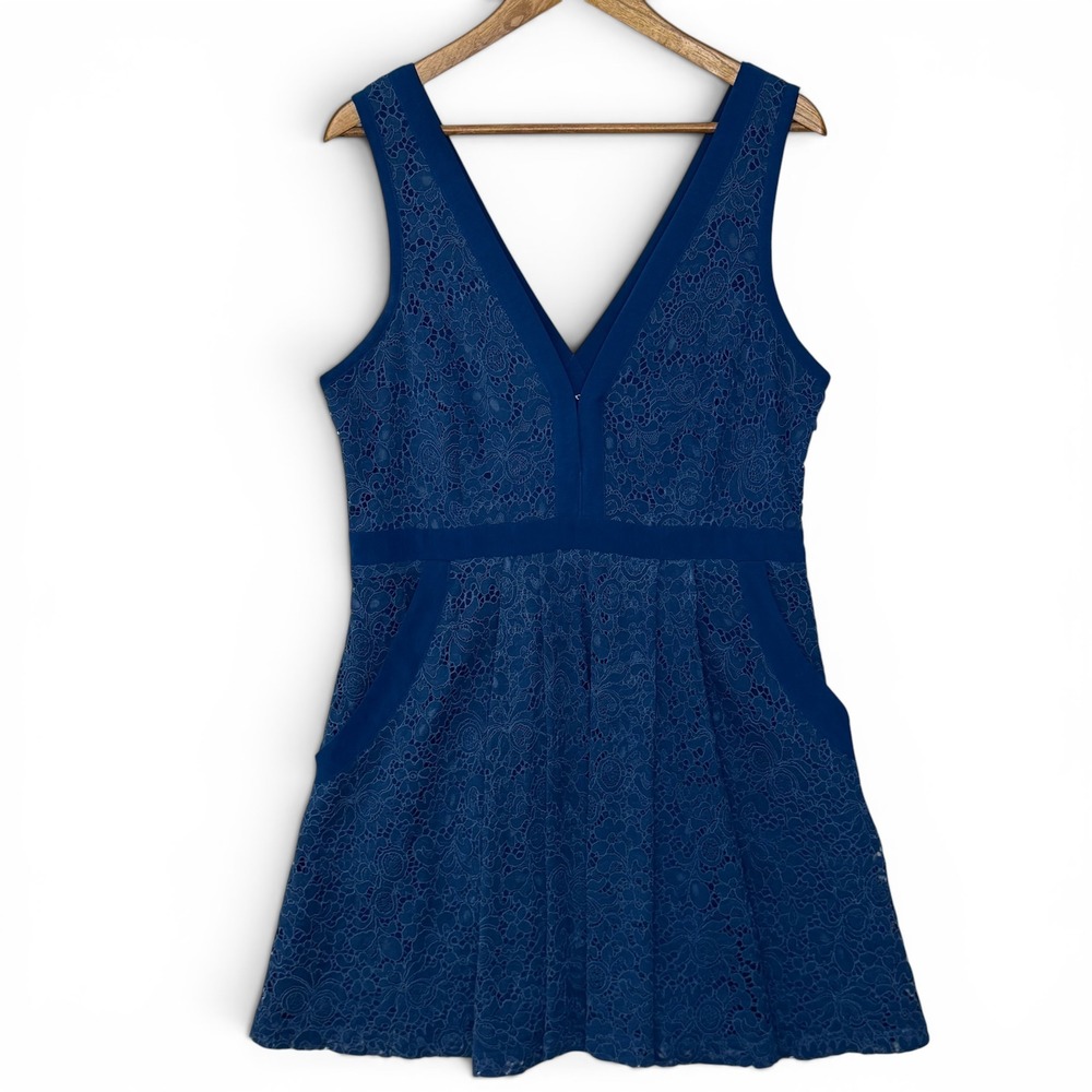 Free People Lovely In Lace Mini Dress L Blue‎ Cutout Back Pockets Boho Coquette
